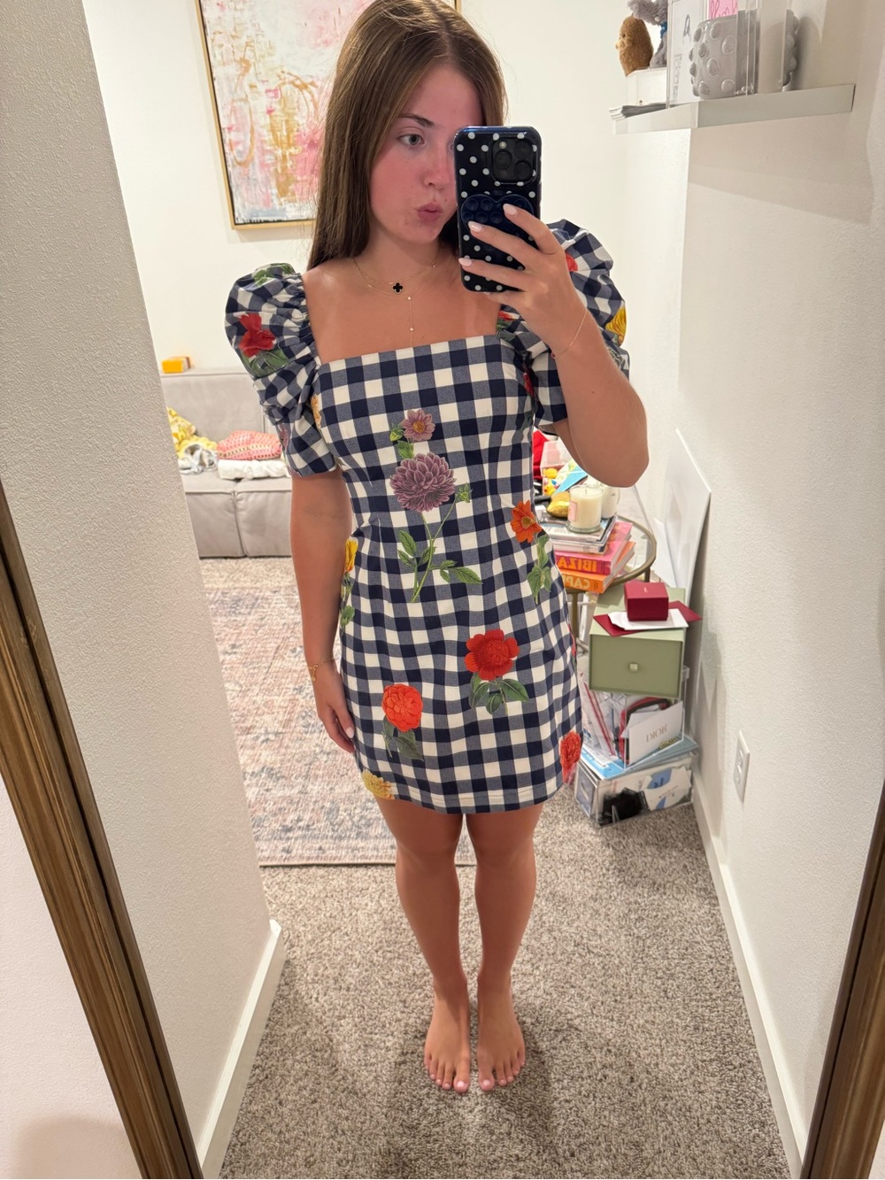 Cara Cara Blue Gingham Puff-Sleeve Floral Mini Dress